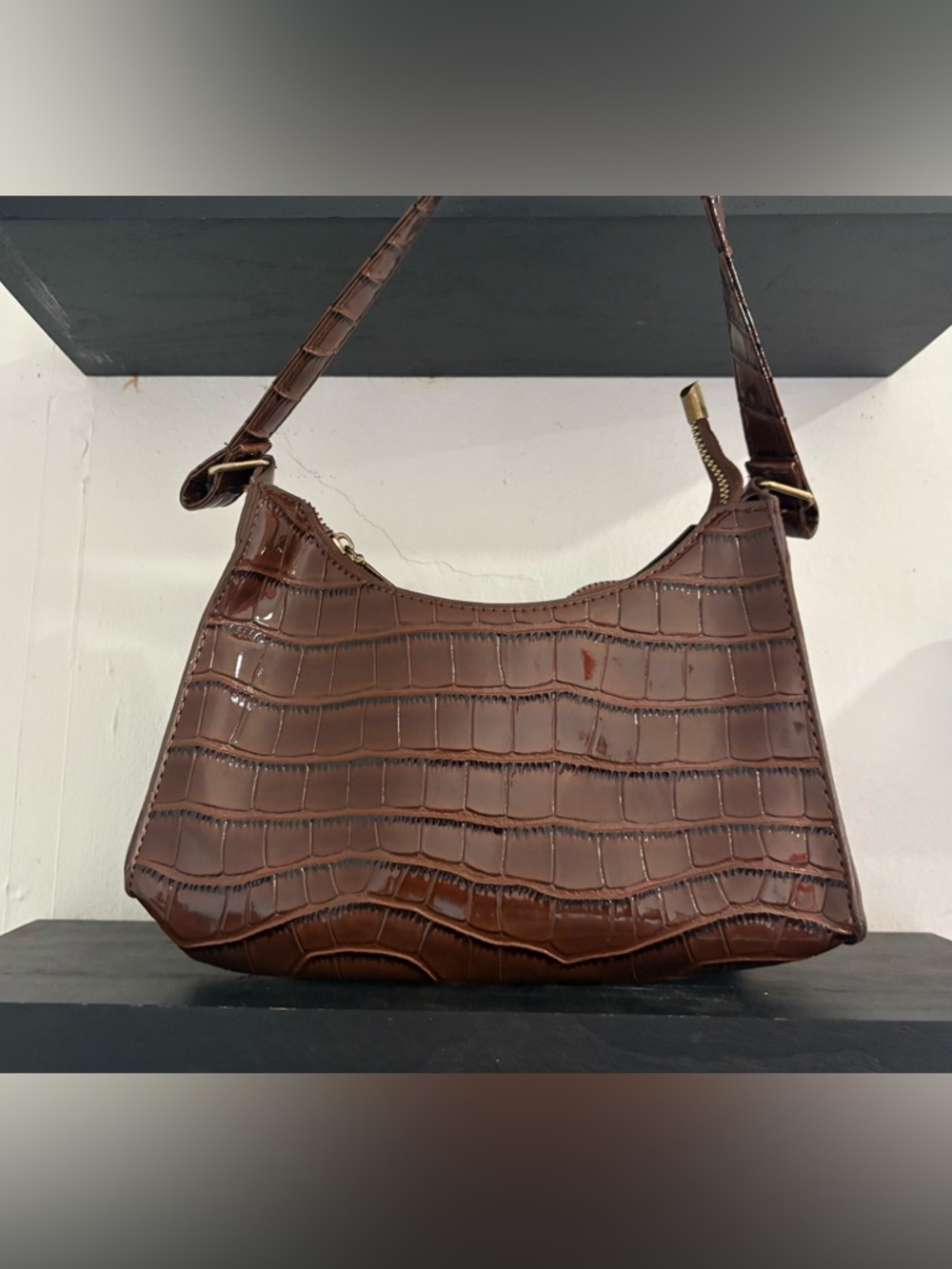 Classic Brown Croc-Embossed Shoulder Bag